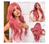 Perruque Perruque d'Halloween complète à la mode avec frange à huit caractères dégradé rouge, cheveux longs et bouclés, grande vague(Pink)