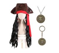 Perruque Pirate ornée de Perles Unisexe and Bandana Rouge, Beaux Bijoux Médaillon Rond de Style Pirates des Caraïbes/pièce aztèque avec Motif crâne:Carnaval, Halloween et passionnés de Cosplay