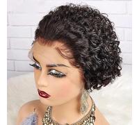 Perruque Pixie à boucles courtes de 6 pouces, perruque coupe lutin en dentelle 13x1, cheveux humains bouclés, perruque résistante à la chaleur, for femmes noires perruque courte bouclée.(Black)