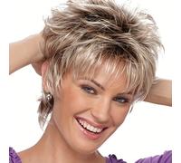 Perruque Pixie Courte Bou légante pour Femmes - Style Dégradé Volumineux avec Frange Latérale, Parfaite pour les Fêtes, le Port Quotidien, Fibre Haute Température, Boucles Lâches, Ombré Blond Som