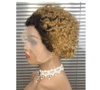 Perruque Pixie courte bouclée en cheveux humains avec dentelle frontale 13x1 for femmes noires, sans colle Extensions de cheveux(1B/27)