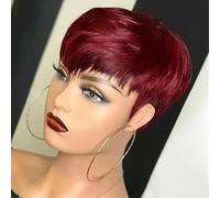 Perruque Pixie Cut pour femme noire de couleur bordeaux 99J avec frange - Perruques courtes pour femme noire - Perruques superposées pour femme - Entièrement fabriquée à la machine (99J bordeaux)
