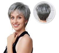 Perruque Pixie Gris - 30 % Cheveux Vrais - Perruque Femme Courte - Gris Mix - Tête de perruque pour femmes - Synthétique & Cheveux Vrais
