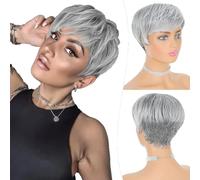 Perruque Pixie grise ombrée avec frange, perruque superposée sans colle, perruques ondulées grises à noires pour femmes