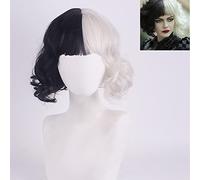 Perruque pour accessoires assortis Cruella-De-Vil-Cuila-Moitié noire Demi-une centaine de petites boucles courtes