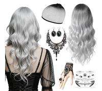Perruque pour femme grise - Accessoire d'Halloween pour femme - Longue ondulée - Perruque de sorcière - Gothique - Bracelets pour cosplay, carnaval et fête (style A)