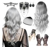 Perruque pour femme grise - Accessoire d'Halloween pour femme - Longue ondulée - Perruque de sorcière - Gothique - Bracelets pour cosplay, carnaval et fête (style B)