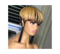 Perruque pour femme Perruques courtes coupe Pixie avec frange, cheveux humains, noires et blondes, raides, densité 150% Pour une utilisation quotidienne lors de fêtes
