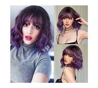 Perruque pour femmes Noir court ondulé Bob perruques synthétiques Cosplay Lolita perruque colorée for les femmes Afro résistant à la chaleur vague naturelle perruque de cheveux avec une frange Perruqu