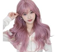 Perruque Pour Filles Avec De Longs Cheveux Bouclés Roses, Une Frange Aérienne, De Grosses Vagues, Un Couvre-Chef Complet Simulé
