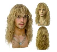 Perruque pour Homme Perruque bou et ondulée de 45 cm de long for homme, perruque synthétique for cosplay avec frange(DARK GOLD)