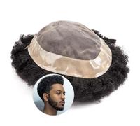 perruque pour hommes Postiche Afro Curly for hommes noirs, prothèse capillaire indienne Remy de 6 pouces, mono top fin avec PU autour des unités de cheveux for hommes, système de remplacement de cheve