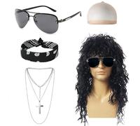Perruque Punk Rock Longue Hifot Collier Croix Lunettes de Soleil Bandeau Noir Cap Deguisement Disco Homme Année 70 80 90 Halloween Cosplay