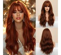Perruque réaliste de couleur cuivre, roux, brun : Look naturel, doux et sans colle - 22 pouces. Look naturel, couleur naturelle, doux, réaliste, vous allez l'adorer, fibre de cheveux résistante à la c