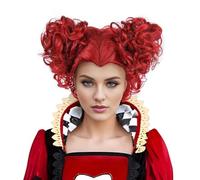 Perruque Reine Rouge avec Couronne Costume Filles Femmes Deux Chignons Résistant à la Chaleur Synthétique Cheveux Courts Bouclés Halloween Anime Cosplay Fête Perruques avec Bonnet (Rouge/Reine)