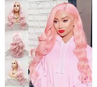 Perruque rose avec dentelle frontale pour femme - Longs, bouclés et ondulés - Rose pêche pastel - Perruque synthétique sans colle - Perruque pré-épilée - Résistante à la chaleur - Pour cosplay Drag