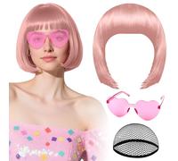 Perruque rose avec lunettes de soleil en forme de cœur et bonnet pour femme perruque courte synthétique colorée PLULON postiche humoristique pour enterrement de vie de jeune fille ou Halloween