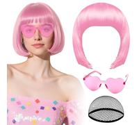 Perruque rose avec lunettes de soleil en forme de cœur et bonnet pour femme, perruque courte synthétique colorée PLULON pour homme, déguisement d'enterrement de vie de jeune fille Halloween