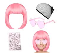 Perruque rose cosplay femme 4 pièces - perruque courte rose + filet noir + lunettes roses + stickers strass - perruque courte pour fête, déguisement, soirée costumée