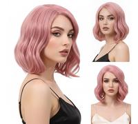 Perruque rose courte bouclée ondulée - Cheveux synthétiques - Pour femme - Aspect naturel - Perruque d'Halloween