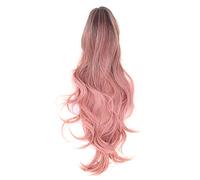 Perruque Rose en Cheveux Humains, 27,5 Pouces, Longues Perruques Ondulées en Maille Rose, Partie Centrale, Perruque Synthétique Réglable avec Peignes Coupe-vent Avant et Arrière