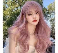 Perruque Rose Femme Air Frange Été Simulation De Cheveux Fins Couvre-Chef Complet Cheveux Longs Bouclés Grosses Vagues