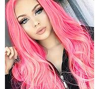 Perruque rose layette avec dentelle frontale pour femme - Cheveux synthétiques longs et ondulés - Sans colle - Rose vif ombré - Fibre synthétique résistante à la chaleur - Pour cosplay, fête