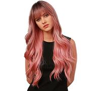 Perruque rose ondulée pour femme - Perruque synthétique longue et bouclée ombrée - Résistante à la chaleur - Pour un usage quotidien, une fête, un cosplay