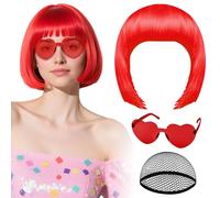 Perruque rouge avec lunettes de soleil en forme de cœur et bonnet pour femme, perruque courte synthétique colorée Plulon, postiche humoristique pour cosplay, déguisement d'Halloween