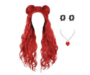 Perruque rouge d'Halloween pour fille | Perruque longue et bou rouge avec boucles d'oreilles - Cosplay, costume, festival scolaire, fête, équipement de scène