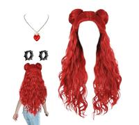 Perruque rouge, perruque synthétique longue ondulée résistante à la chaleur avec tressé, collier et boucles d'oreilles pour Halloween, Noël, mascarade, bar, carnaval, cosplay
