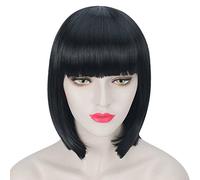Perruque sexy avec bob court de couleur noire naturelle pour femmes et dames cheveux raides résistant à la chaleur avec bandeaux pour cosplay, fête en plein air ou comme cadeau (25,4 cm)