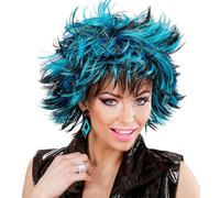 Perruque style Vokuhila des années 80 pour homme et femme - Perruque Rockstar colorée pour carnaval, Halloween et fête à thème, votre look punk sauvage en noir et blanc, rouge et fluo (turquoise/noir)