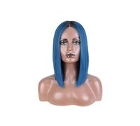 Perruque synthétique à dentelle frontale, coupe courte et lisse, coupe au carré, 30 cm, for femme, cosplay, avec raie au milieu Hair Extensions Pièces Wigs(Blue)