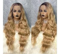 Perruque synthétique à dentelle frontale ombrée blonde, perruque de cosplay pour femmes, longue et ondulée, 26 pouces, corps ondulé, racines brunes, perruque bouclée sans colle, blonde ombrée, 180%, d