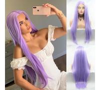 Perruque synthétique à dentelle sur le devant Lilas pastel Résistant aux températures élevées Pour femme Cosplay Mermaid Drag Queen Cheveux longs raides