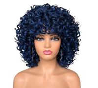 Perruque synthétique afro courte bou de 14 pouces avec frange, femme crépue for un usage quotidien, densité 180 Effet naturel et Volumineux(T1B-BLUE)