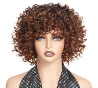 Perruque synthétique bouclée Brune Ombre pour femmes noires, cheveux afro courts bouclés avec frange, perruque synthétique résistante à la chaleur