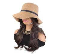 Perruque Synthétique Chapeau à gros bords for femmes, perruque une pièce, cheveux bouclés, grande vague, vacances d'été(Natural)