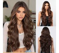 Perruque synthétique châtain brun 28 pouces, raie au milieu, ondulations corporelles, coupe dégradée, style long volumineux, accessoire de mode pour le quotidien, les fêtes, Halloween & Noël Fibre hau