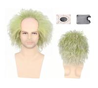 Perruque SynthéTique Courte Argent Léger Vert Clair Pour Hommes avec Bonnet de Perruque,Short Ondulé Hair Fou Drôle Bouclé Désordonné Postiche Moelleuse Pour Halloween Film Anime Cosplay Carnaval