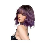 Perruque synthétique courte au carré, noire à violette, avec frange, cheveux afro bouclés et ondulés naturels, for cosplay féminin. Effet naturel et Volumineux