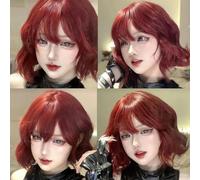 Perruque synthétique courte bouclée avec frange, perruque blonde rose ondulée avec cuir chevelu simulé naturel, perruque résistante à la chaleur de 12 pouces - Rouge - 12 pouces