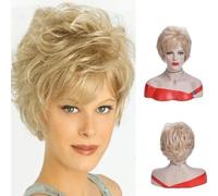 Perruque synthétique courte bouclée blonde pour femme avec frange sur le côté pour une utilisation quotidienne en soirée - Blonde