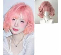 Perruque synthétique courte bouclée Cosplay avec frange Blonde Rose Water Wave Bob Wig avec cuir chevelu simulé naturel 12' Perruque résistante à la chaleur-Rose-12INCHES