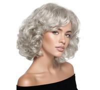 Perruque synthétique courte, bou et duveteuse avec raie sur le côté et dégradée, idéale for les déguisements d'Halloween et les femmes. Effet naturel et Volumineux(Silver Grey)