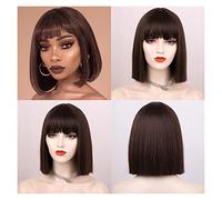 Perruque Synthétique Courte Et Droite Avec Frange Pour Femme - Noir, Rose, Violet, Rouge - Ligne De Cheveux Naturelle - Grise - Pour Femme (Marron 35,6 Cm)