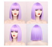 Perruque Synthétique Courte Et Droite Avec Frange Pour Femme - Noir, Rose, Violet, Rouge - Ligne De Cheveux Naturelle - Grise - Pour Femme (Violet 35,6 Cm)