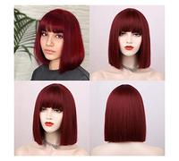 Perruque Synthétique Courte Et Droite Avec Frange Pour Femme - Noir, Rose, Violet, Rouge - Ligne De Cheveux Naturelle - Grise - Pour Femme (Rouge 35,6 Cm)