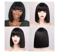 Perruque Synthétique Courte Et Droite Avec Frange Pour Femme - Noir, Rose, Violet, Rouge - Ligne De Cheveux Naturelle - Perruque Grise Pour Femme (Noir 35,6 Cm)